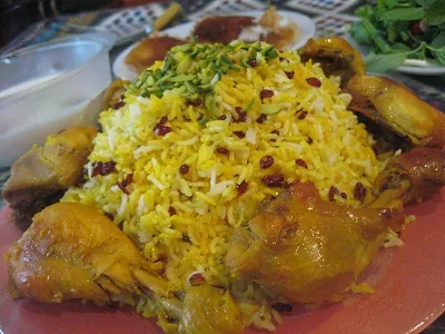zereshk polo: a Persian dish consisting of steamed rice with barberries